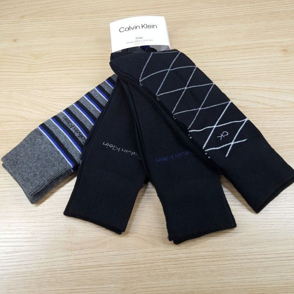 CALVIN KLEIN Mens Crew Dress Socks Black Gray 4-Pack Cotton Blend Logo